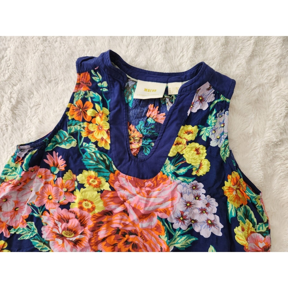 Maeve Anthropologie Floral Sleeveless Blouse Womens Size 0 Blue V-Neck Rayon